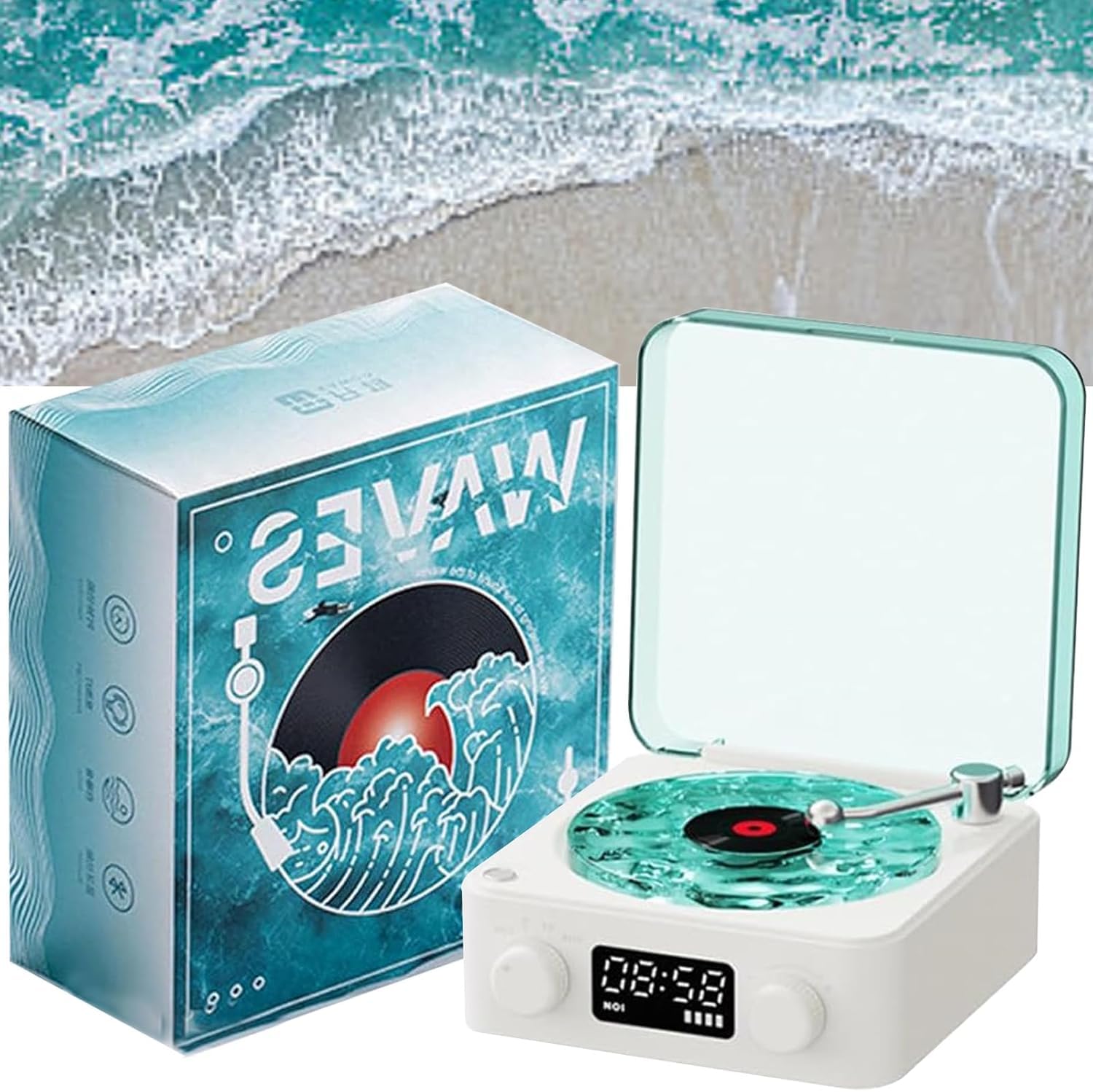 Boxa Portabila Vintage model Vinyl Timebox, cu Lumini, Proiectii de valuri si Timp Reglabil pentru Dormitor si Petreceri, Lampa de veghe tip proiector, AUX, Bluetooth, Card TF, Sunet Surround 360°, Alb