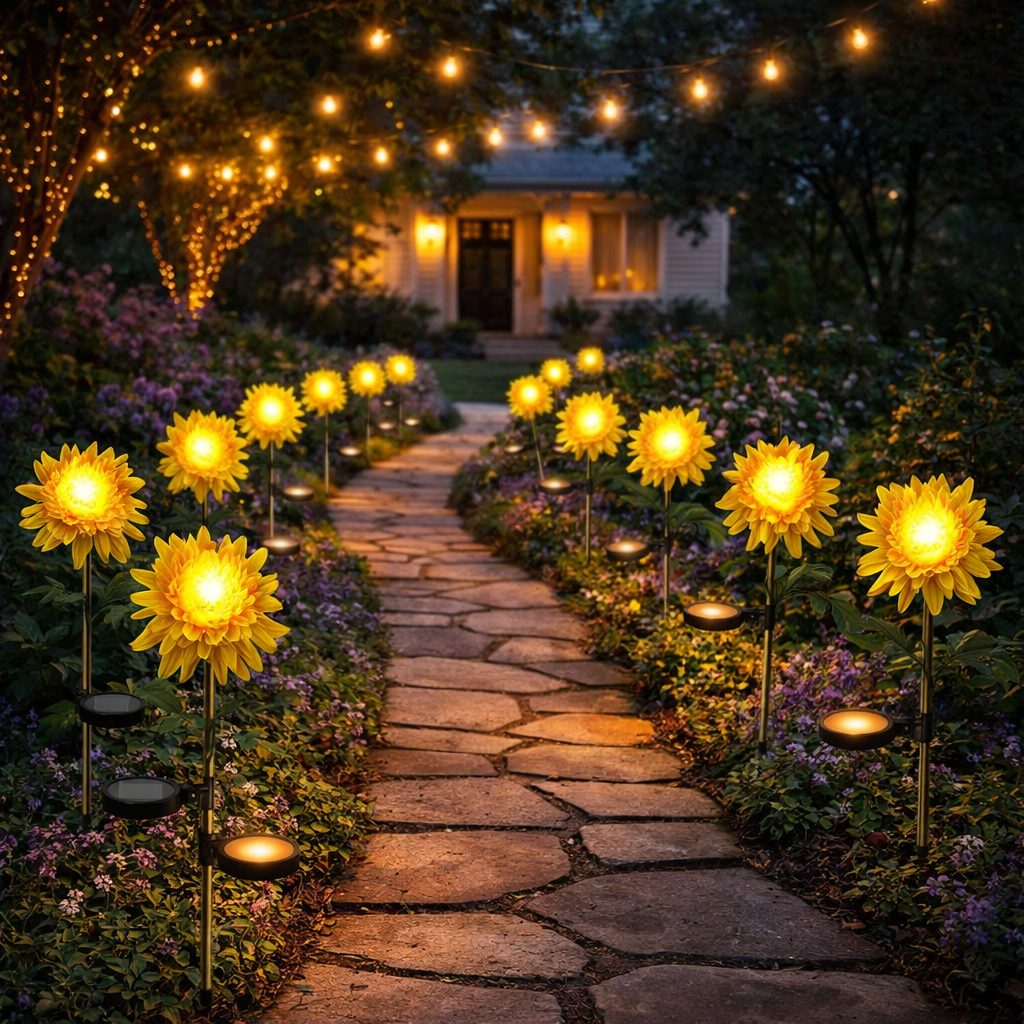 Set 2 lampi solare model Crizantema 80 cm pentru gradina iluminare decorativa exterior