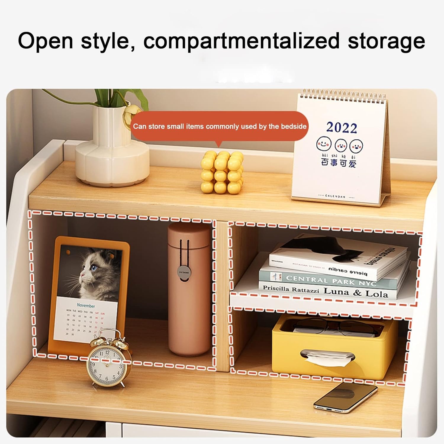 Noptiera moderna cu 2 sertare, raft si picioare, 40x30x53cm