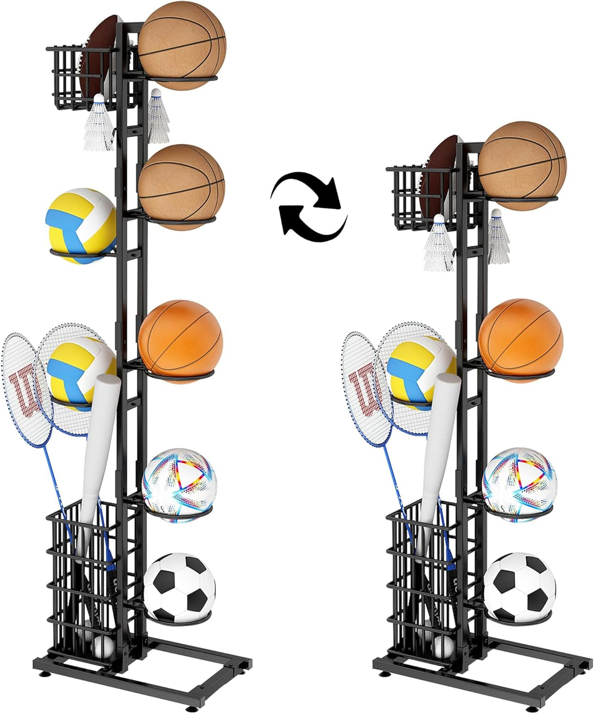 Raft de depozitare multifuncțional pentru echipamente sportive cu 7 rafturi, carlige si cos