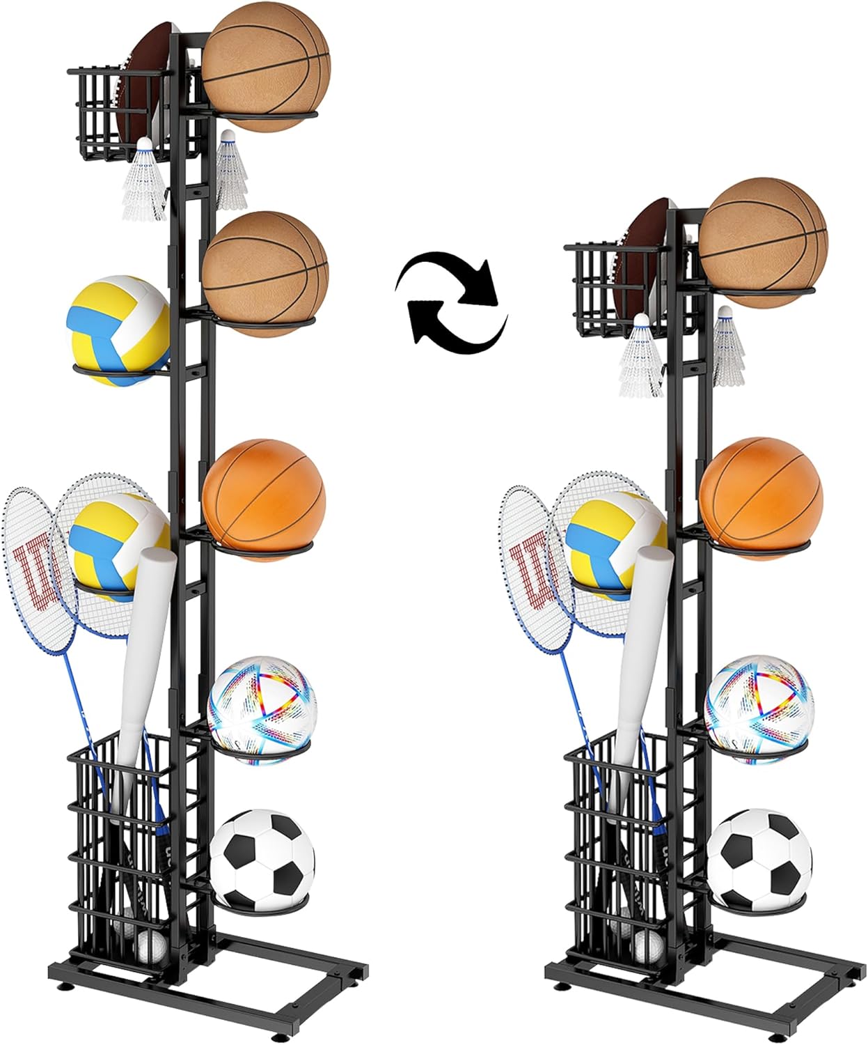 Raft de depozitare multifuncțional pentru echipamente sportive cu 7 rafturi, carlige si cos