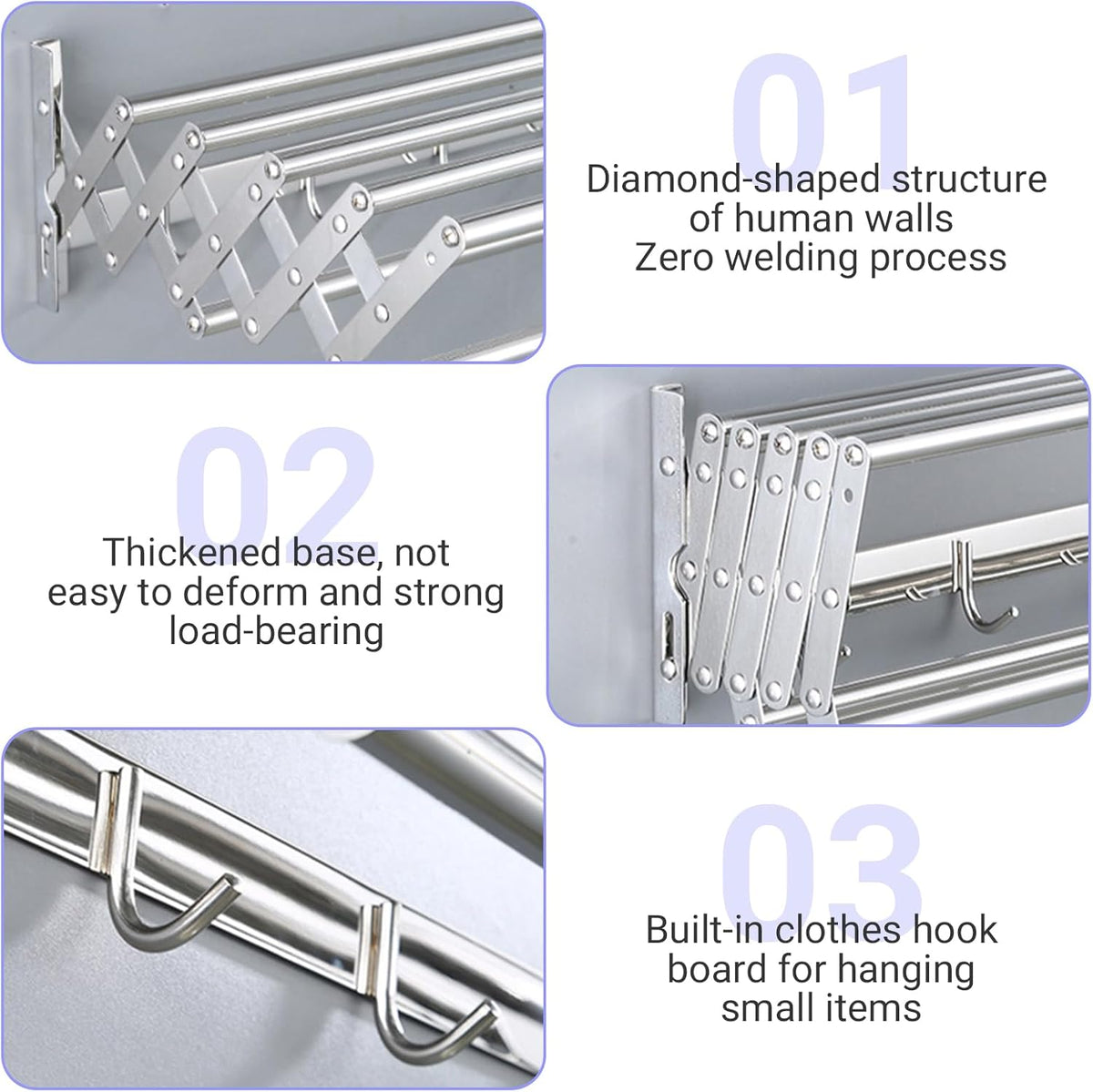 Suport pliabil pentru prosoape, inox, 7 bare, 5 carlige, 12-35.5 cm x 58 cm x 14.5 cm, argintiu