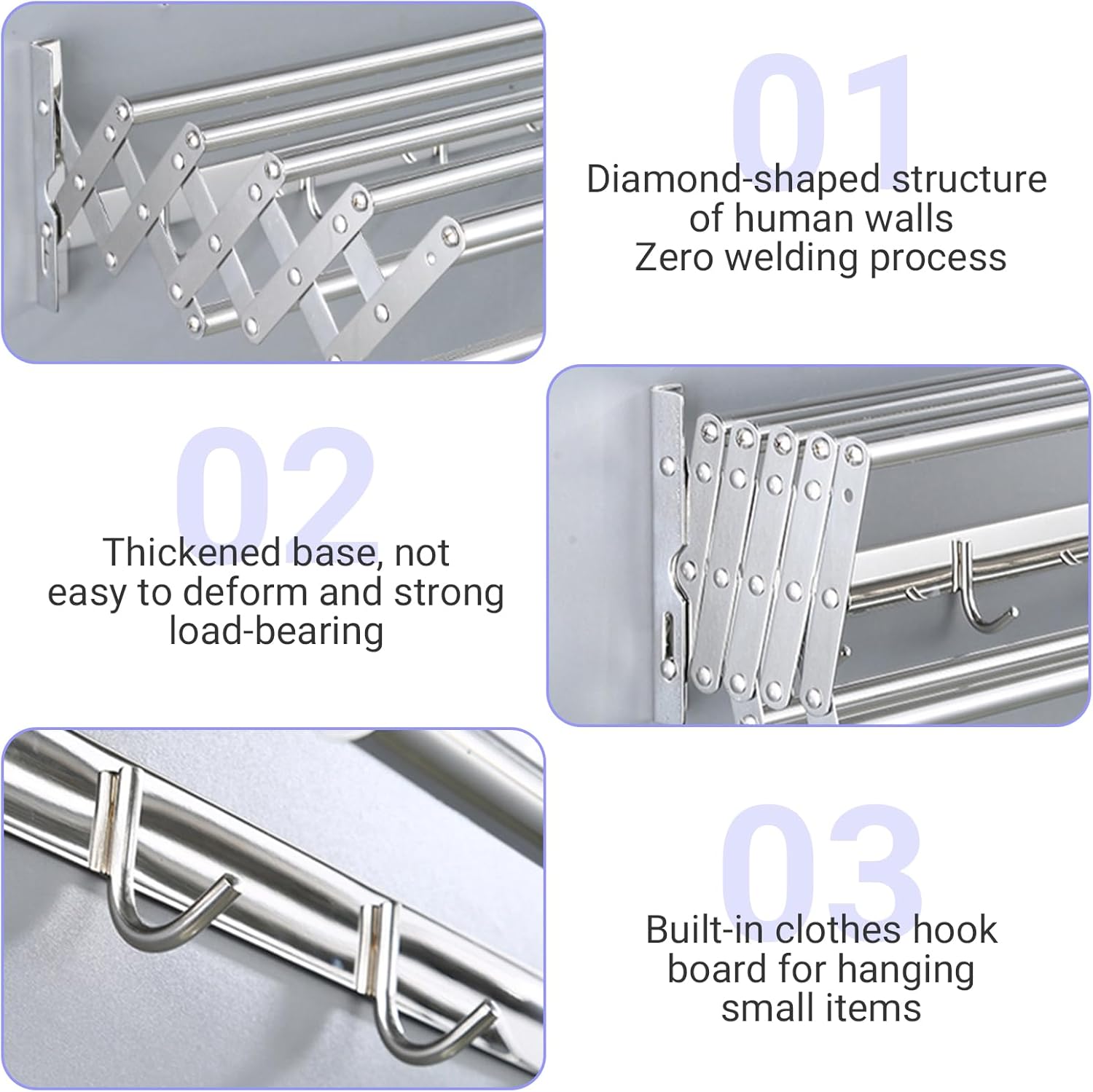 Suport pliabil pentru prosoape, inox, 7 bare, 5 carlige, 12-35.5 cm x 58 cm x 14.5 cm, argintiu