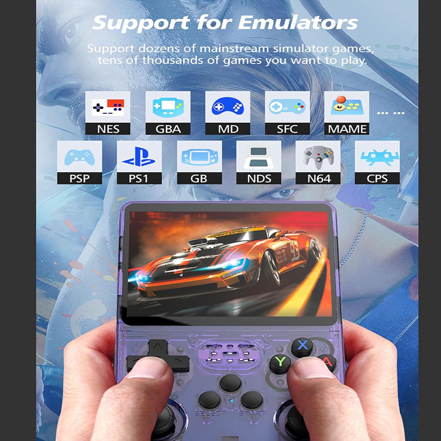 Consola de jocuri portabila R36S, ecran IPS 3.5 inch, 640x480, 64GB, Violet