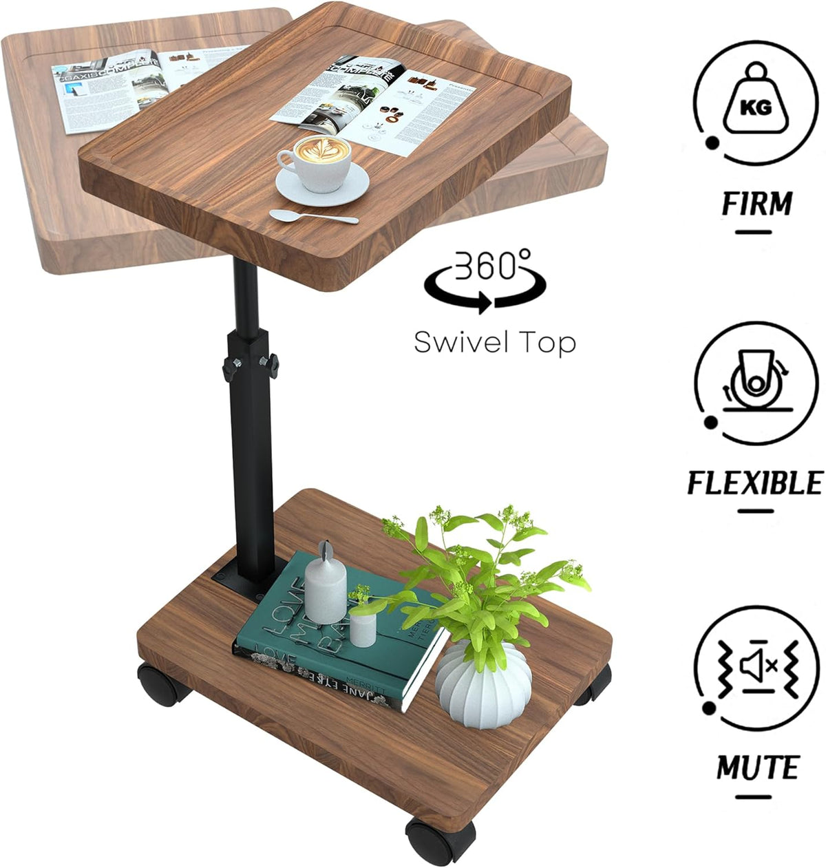 Masuta portabila pentru cafea, 2 blaturi MDF, inaltime ajustabila 45-80 cm, blat superior 40 x 30 cm, maro