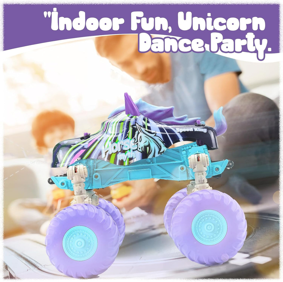 Masinuta pentru copii cu telecomanda, model Unicorn, transformabil, cu lumini LED