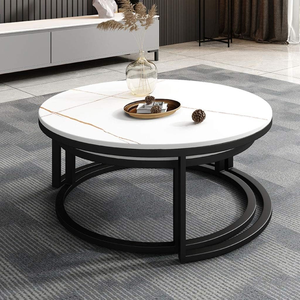 RESIGILAT - Set 2 masute rotunde de cafea cu efect de marmura, diametru 80/60 cm, blat MDF, cadru metalic