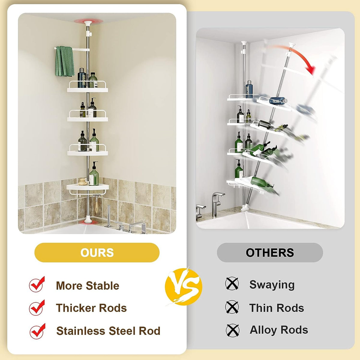 Etajera colt pentru baie si dus, 4 sau 5 rafturi, inaltime reglabila 320 cm, montare pe colt