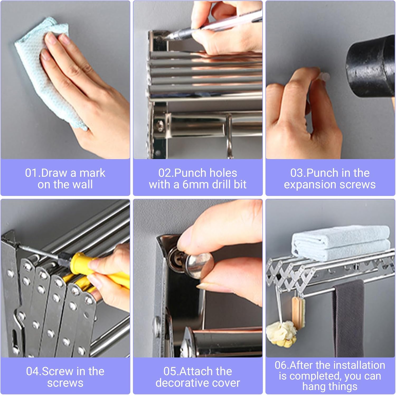 Suport pliabil pentru prosoape, inox, 7 bare, 5 carlige, 12-35.5 cm x 58 cm x 14.5 cm, argintiu