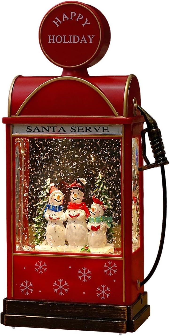 Glob de zapada muzical in forma de statie de benzina – cu lumini, efect de ninsoare si 8 melodii de Craciun