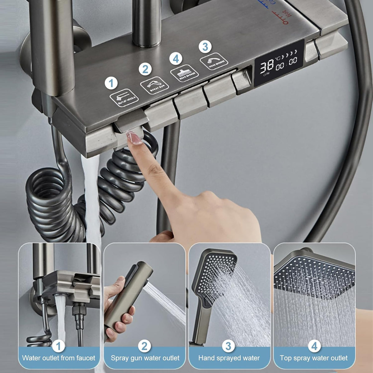 Sistem coloana de dus multifunctional cu afișaj digital, efect de ploaie, taste piano