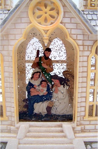 Decoratiune de Craciun Biserica cu scena Nasterii Domnului in apa, cu muzica si lumini, 17 x 41cm,baterii și 220w