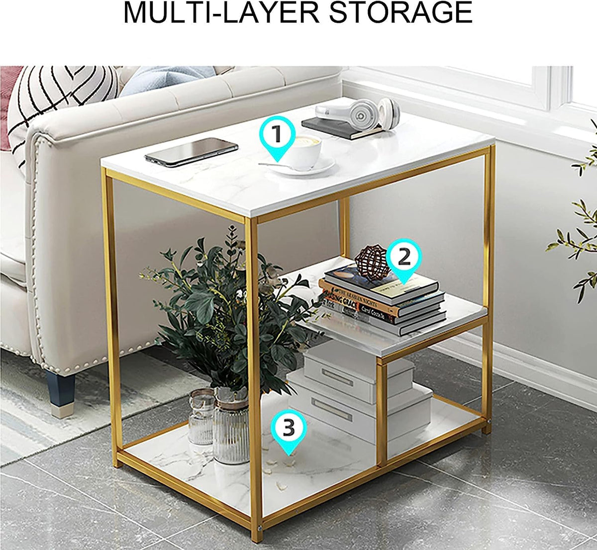 Masuta moderna cu blat tip marmura si cadru metalic  auriu – 3 nivele de depozitare 60 x 40 x 68 cm