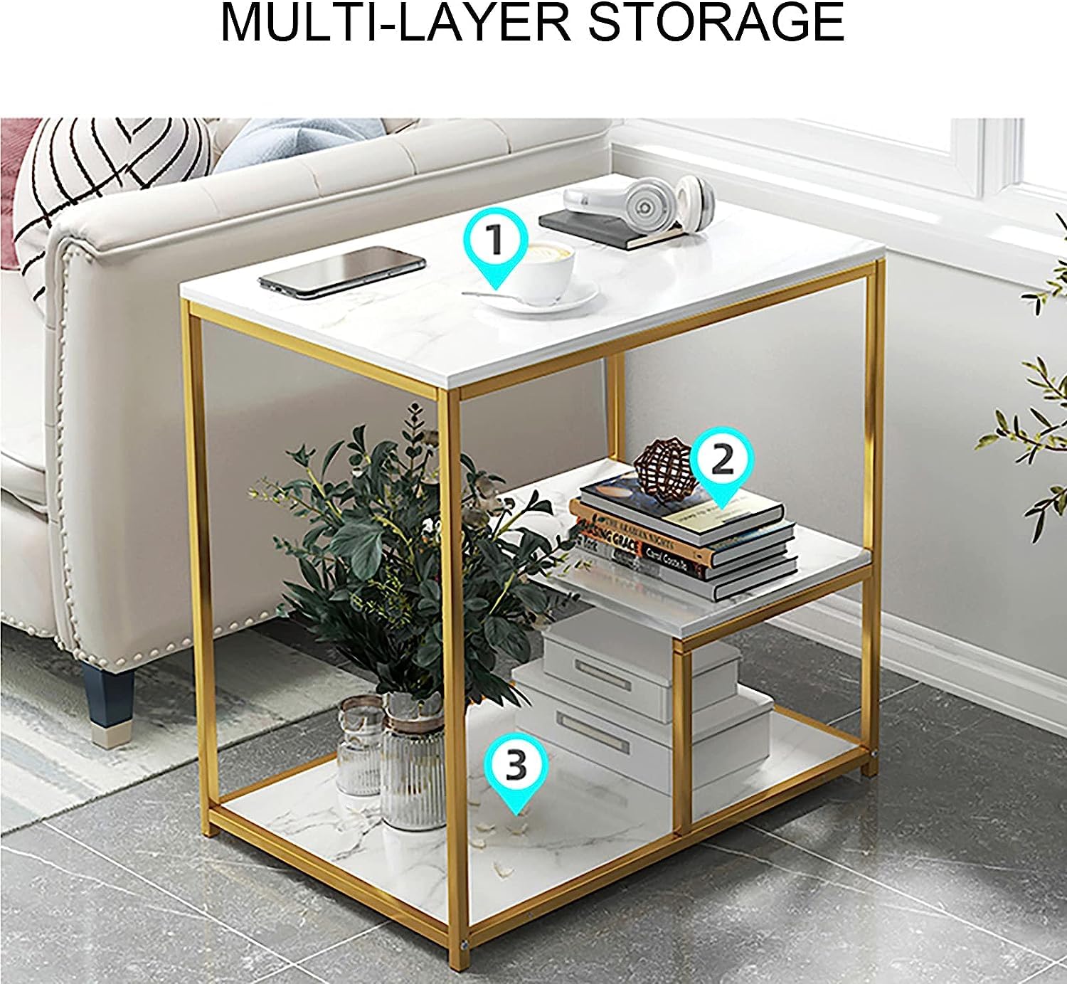 Masuta moderna cu blat tip marmura si cadru metalic  auriu – 3 nivele de depozitare 60 x 40 x 68 cm