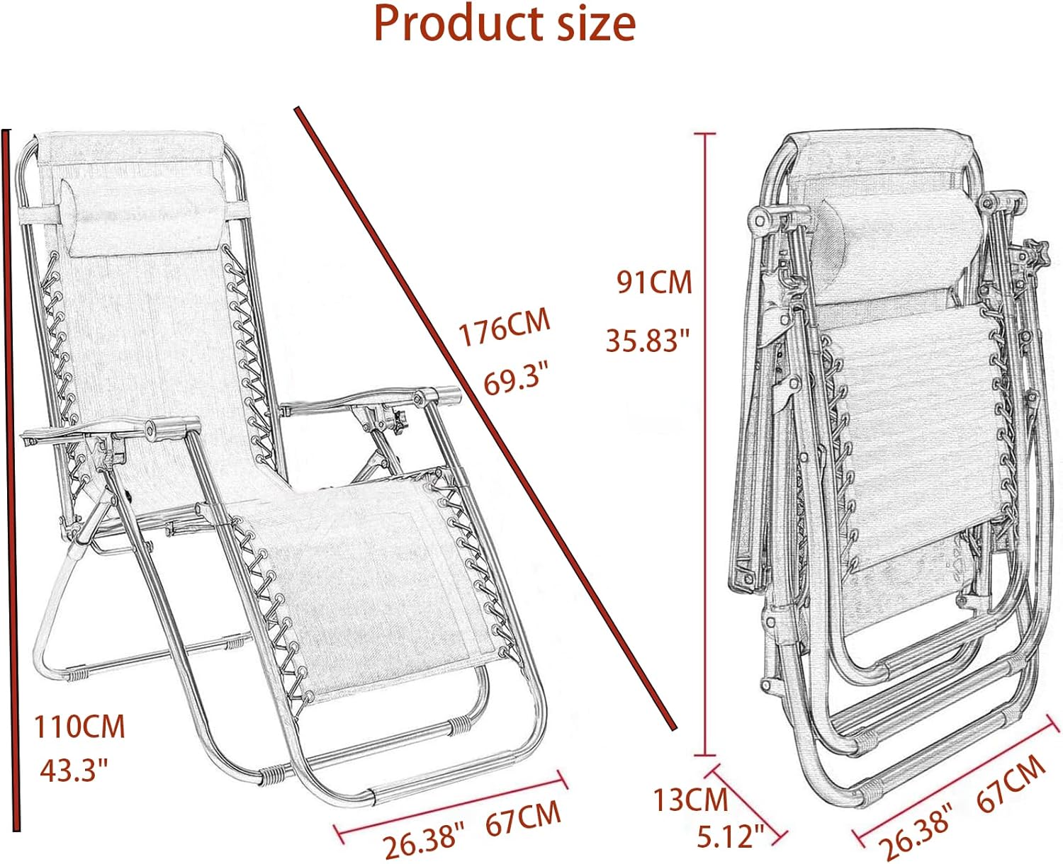 Scaun sezlong Zero Gravity rabatabil 176x67x110 cm – plasa Teslin, perna si tava suport