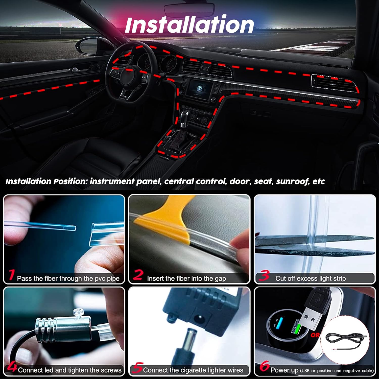 Set lumini ambientale premium, auto, pentru bord si usi lungime fir 6M, 5 unitati, aplicatie dedicata iOS, Android, telecomanda