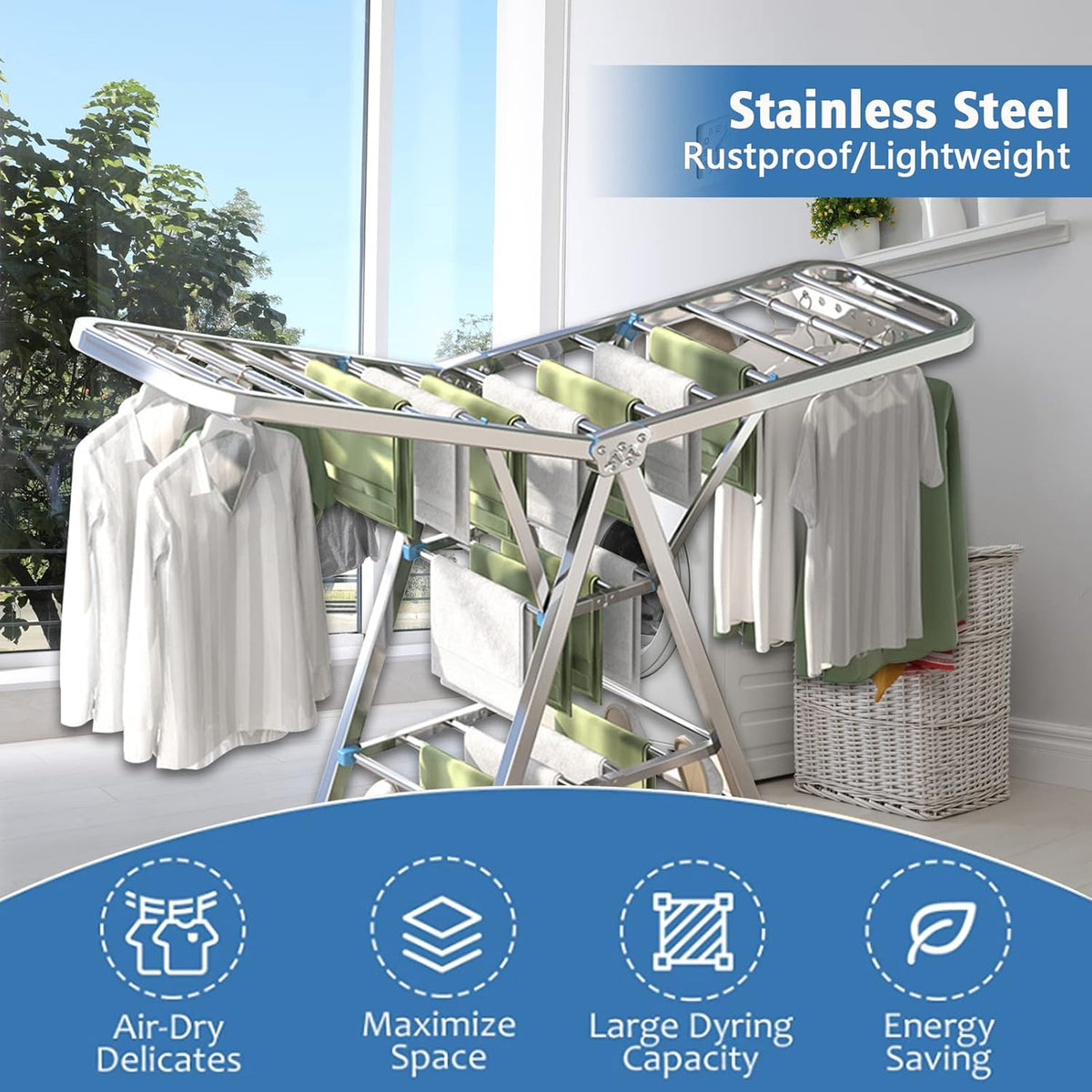 RESIGILAT - Uscator rufe pliabil metalic premium 150x90x46 cm – suport haine, dublu nivel, economisitor de spatiu