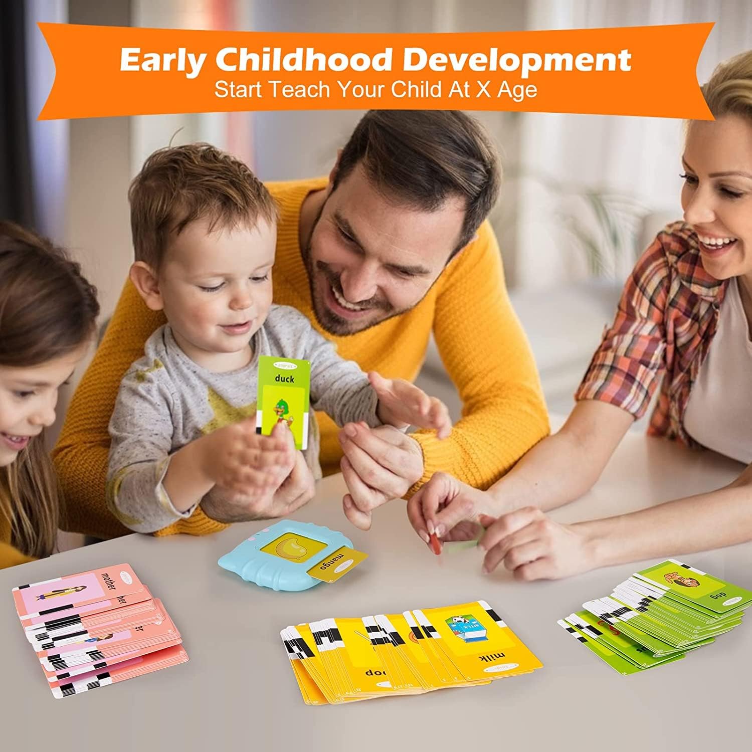 Jucarie educativa Montessori, Set masina de invatare limba engleza cu cititor de carduri, 112 bucati carduri flash 224 de cuvinte, 2 ani+