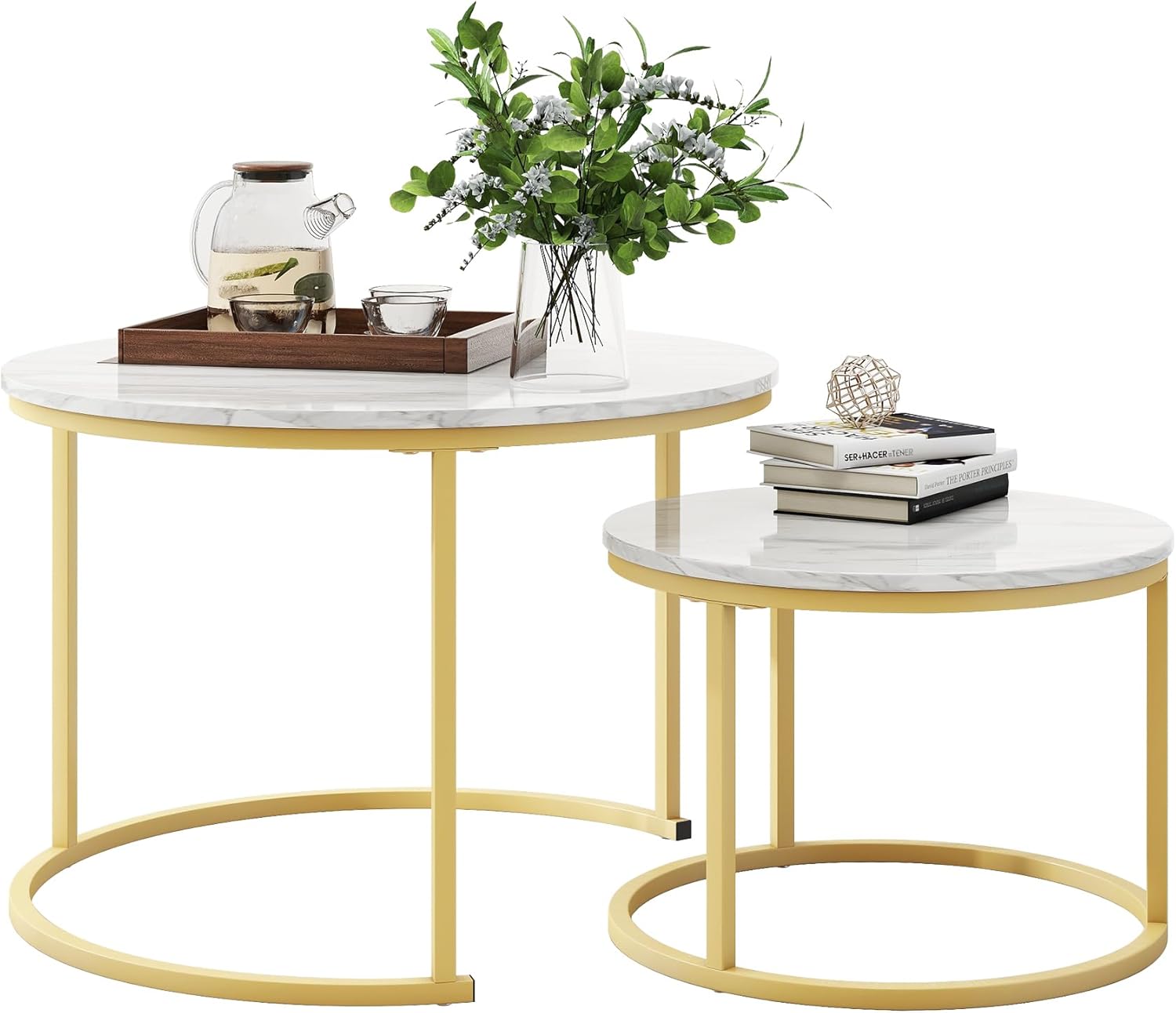 Set 2 masute rotunde de cafea cu efect de marmura, blat MDF, cadru metalic auriu, 70x45 cm si 50x38 cm