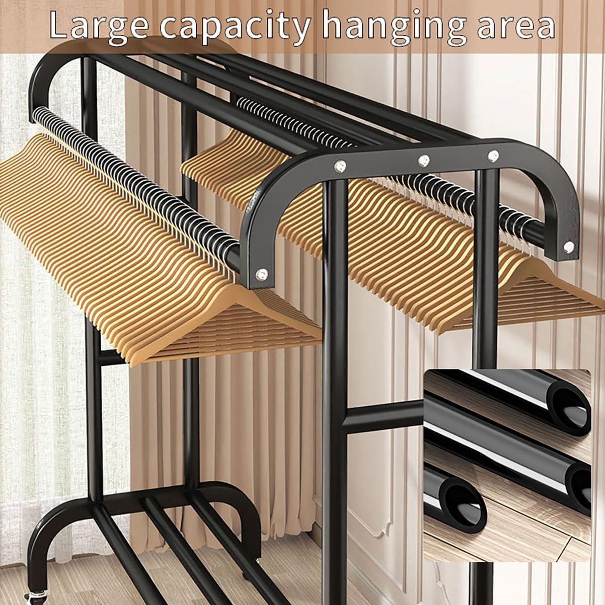 Suport dublu de umerase pentru haine, cu 1 suport de pantofi, din metal, cu raft depozitare deasupra – 50KG greutate maxima, 150x120x48cm