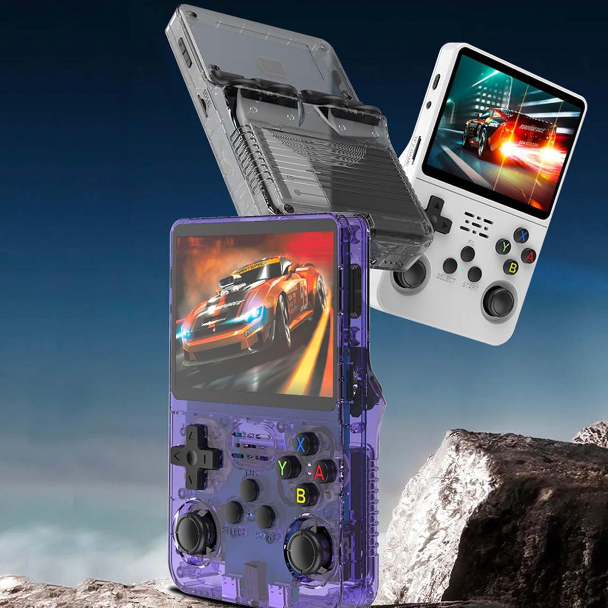 Consola de jocuri portabila R36S, ecran IPS 3.5 inch, 640x480, 64GB, Violet