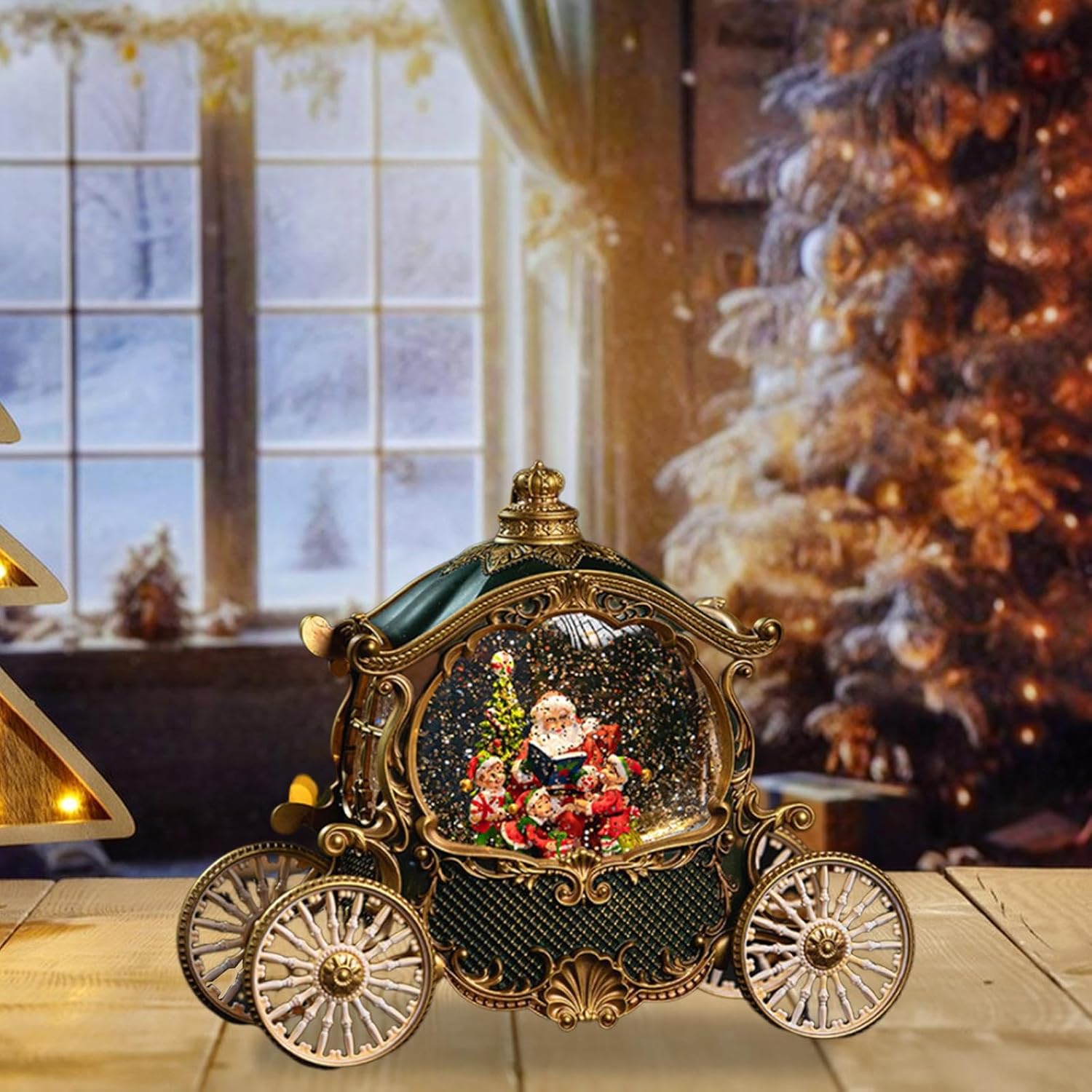 Felinar LED Luminos Premium "Caleasca Lui Mos Craciun", cu 8 Melodii si Invarte Zapada,USB,Baterii