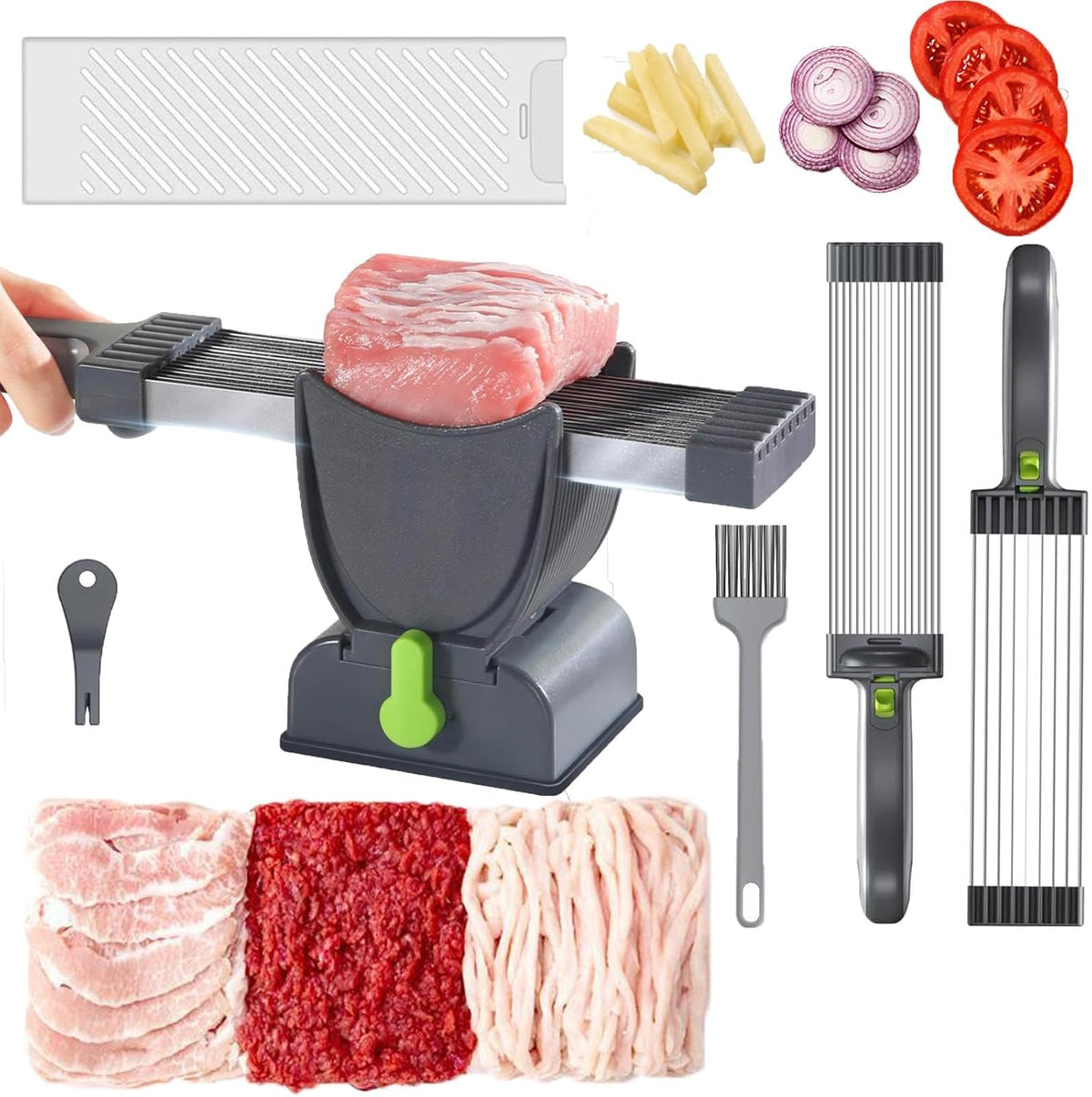 Feliator Profesional pentru Carne cu Lame Multiple din Inox Alimentar si Grosime Ajustabila (2-4mm) – Ideal pentru Tartar, Fasii, Felii si Cuburi de Carne