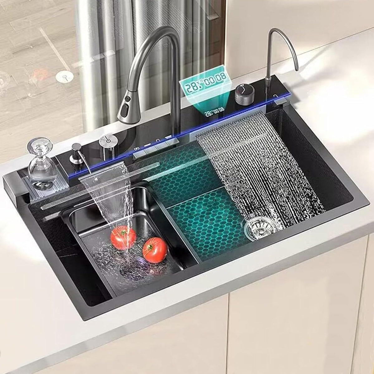 Chiuveta Bucatarie Multifunctionala Negru Grafit cu 2 Cascade, Robinet Cascada, Afisaj Digital Temperatura, Accesorii Incluse