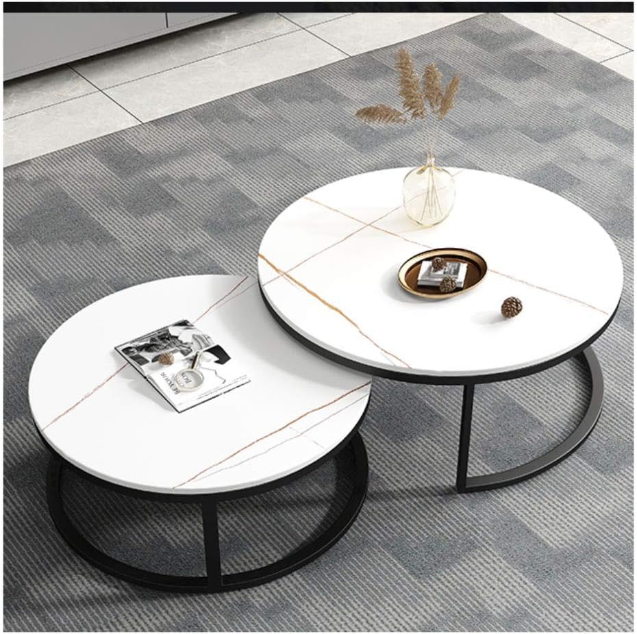 RESIGILAT - Set 2 masute rotunde de cafea cu efect de marmura, diametru 80/60 cm, blat MDF, cadru metalic