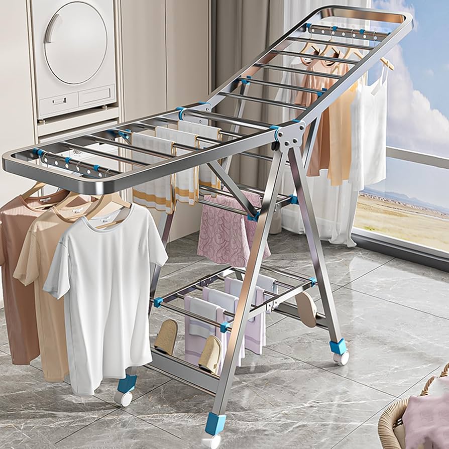 RESIGILAT - Uscator rufe pliabil metalic premium 150x90x46 cm – suport haine, dublu nivel, economisitor de spatiu