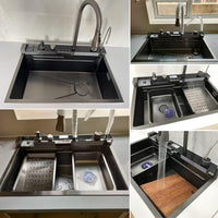 Chiuveta Bucatarie Multifunctionala Negru Grafit cu 2 Cascade, Robinet Cascada, Afisaj Digital Temperatura, Accesorii Incluse