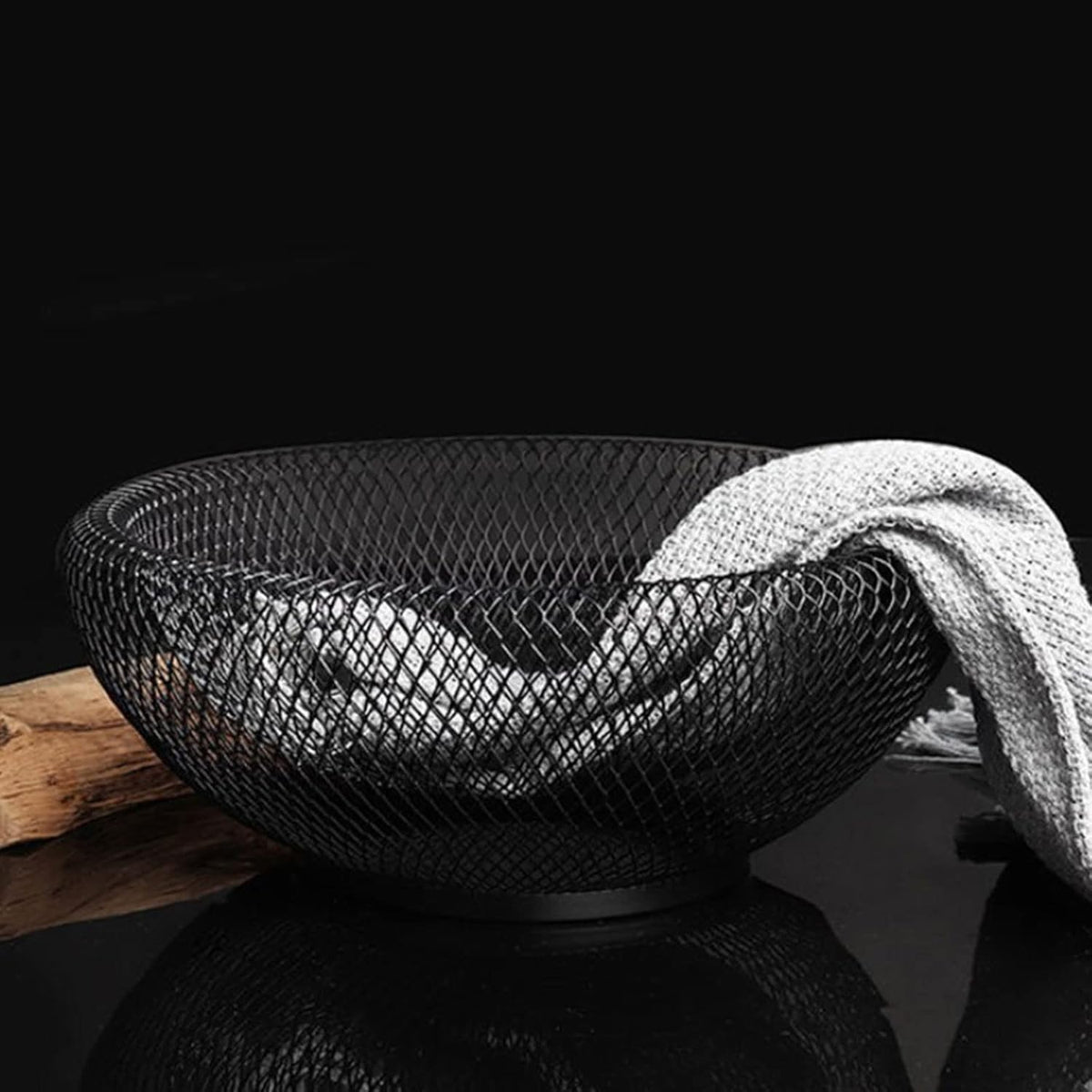 Cos de fructe decorativ, rotund, metalic, 25,5 x 13 cm, negru