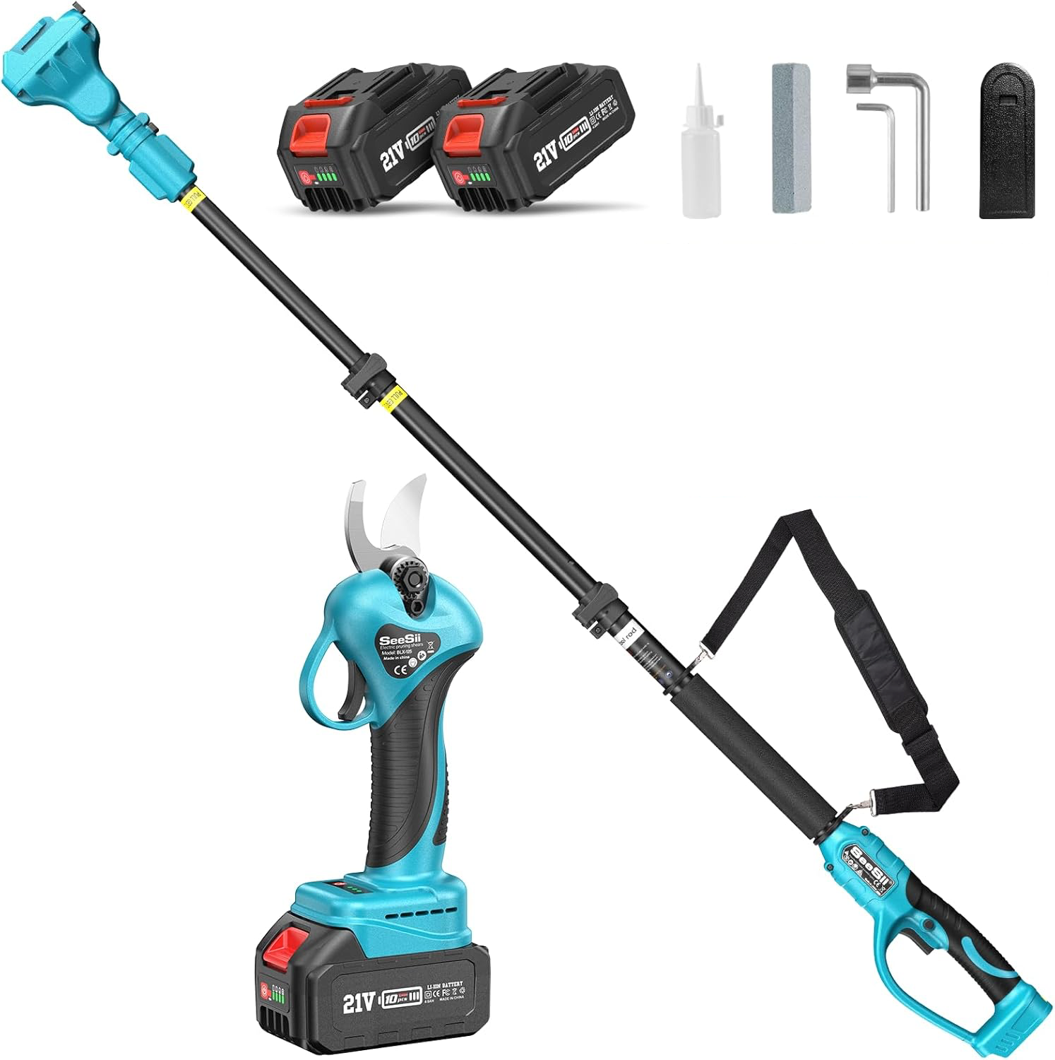 Foarfeca electrica pentru gradina , 21V, 2 Acumulatori, Brat Telescopic 2m, Unghi Reglabil de Taiere