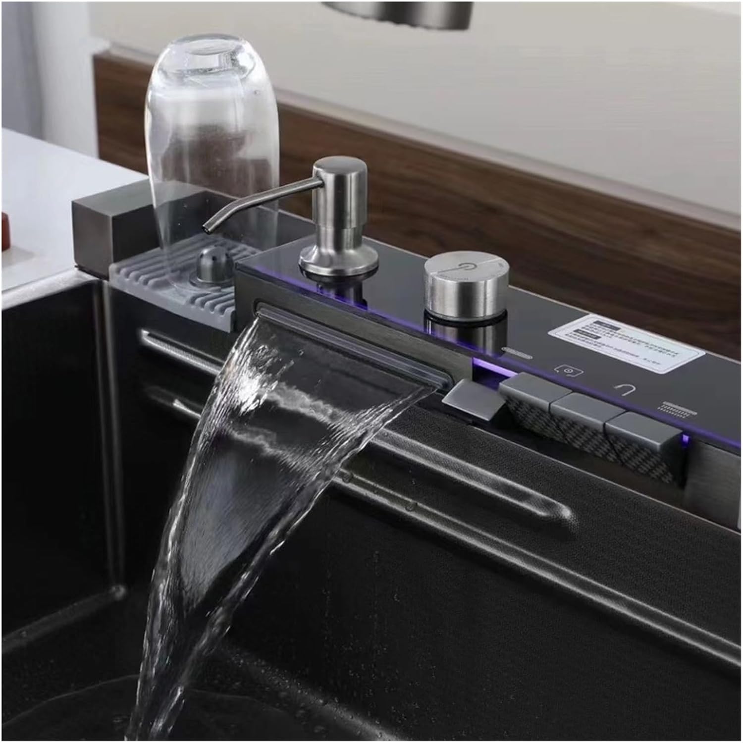 Chiuveta multifunctionala cu 2 cascade cu accesorii incluse, afisaj digital a temperaturii si robinet cascada, culoare negru grafit