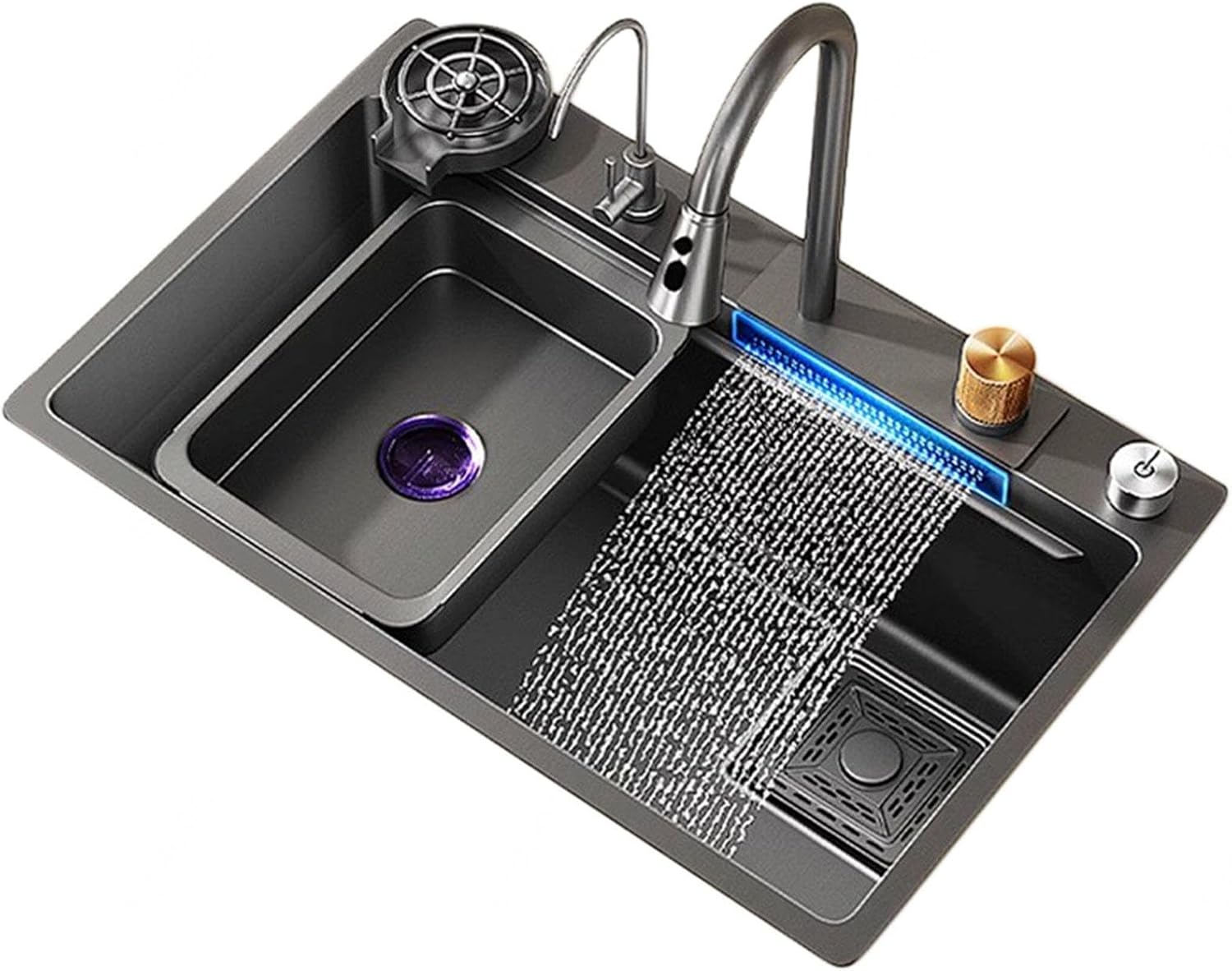 Set chiuveta bucatarie cu baterie cu dus extractibil și accesorii, culoare gri antracit