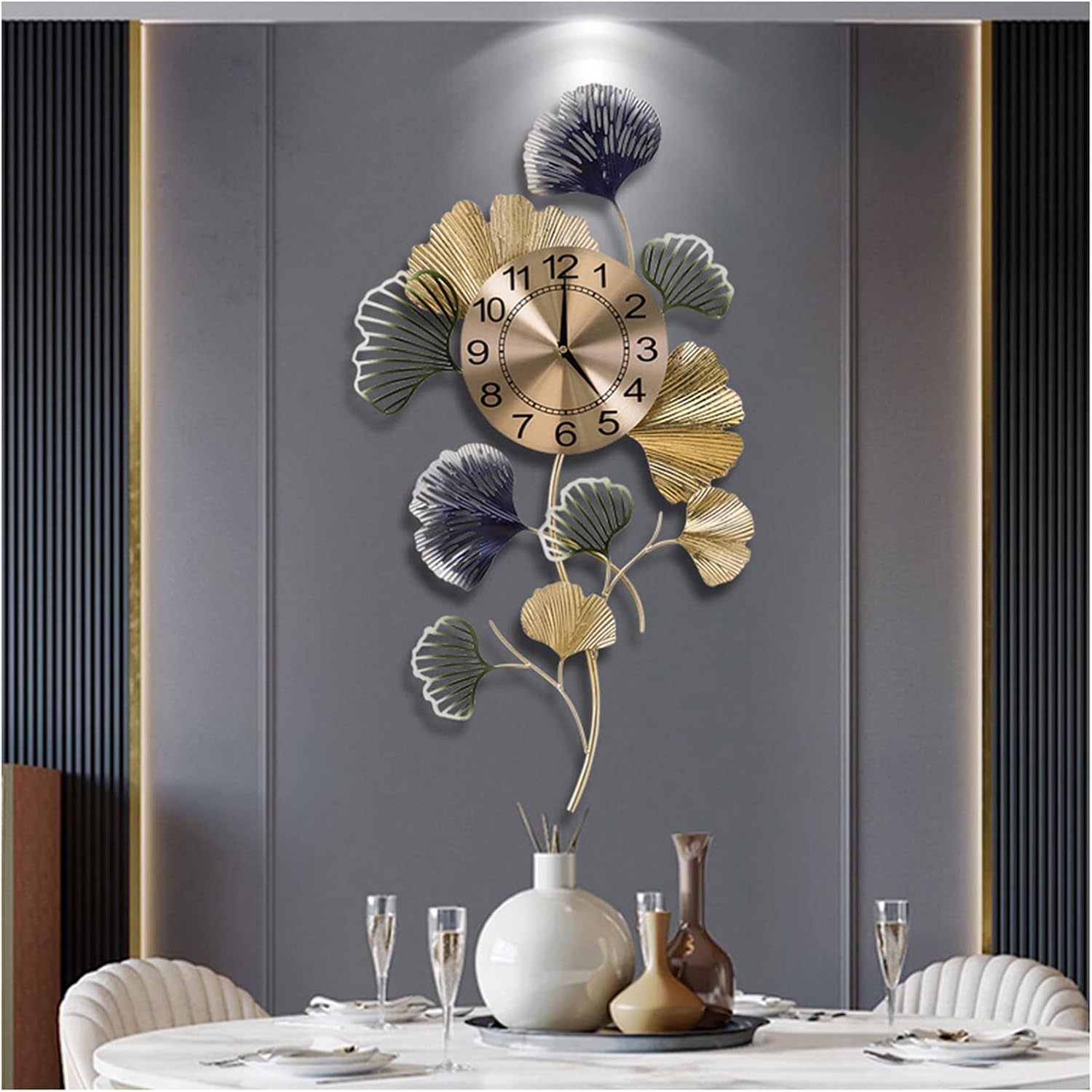 Ceas de perete decorativ 76 x 42 cm – design artistic cu frunze metalice, decor lux pentru living