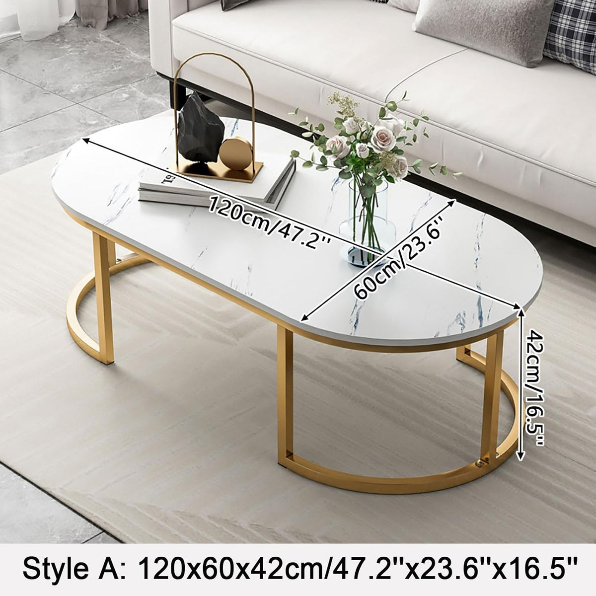 RESIGILAT - Masuta de cafea ovala, minimalista, design nordic, aspect marmura alba, 120 x 60 x 45 cm