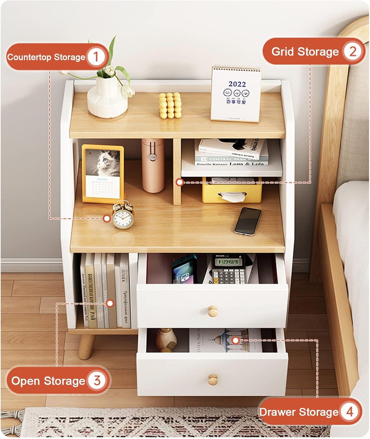 Noptiera moderna cu 2 sertare, raft si picioare, 40x30x53cm