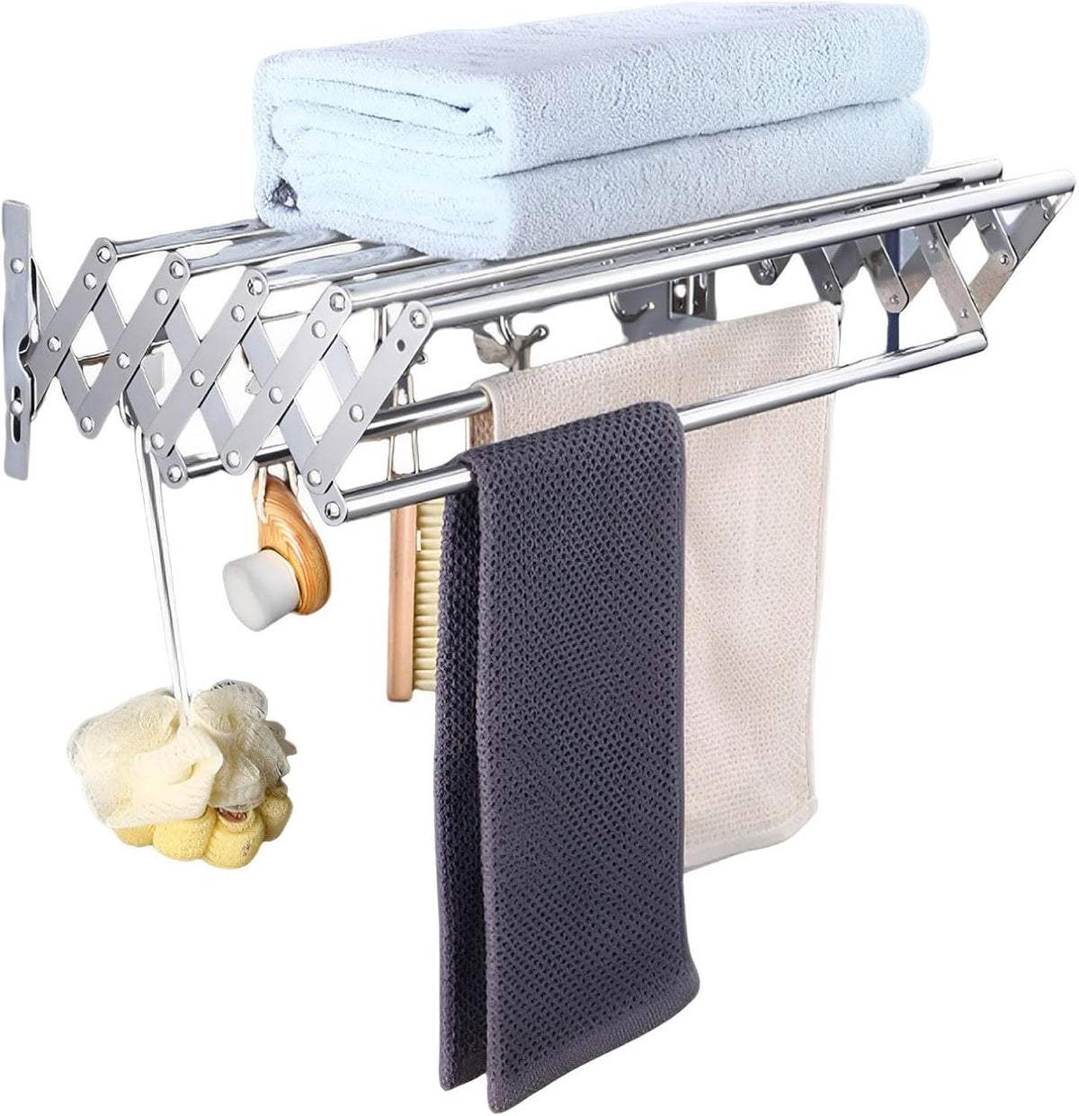 Suport pliabil pentru prosoape, inox, 7 bare, 5 carlige, 12-35.5 cm x 58 cm x 14.5 cm, argintiu