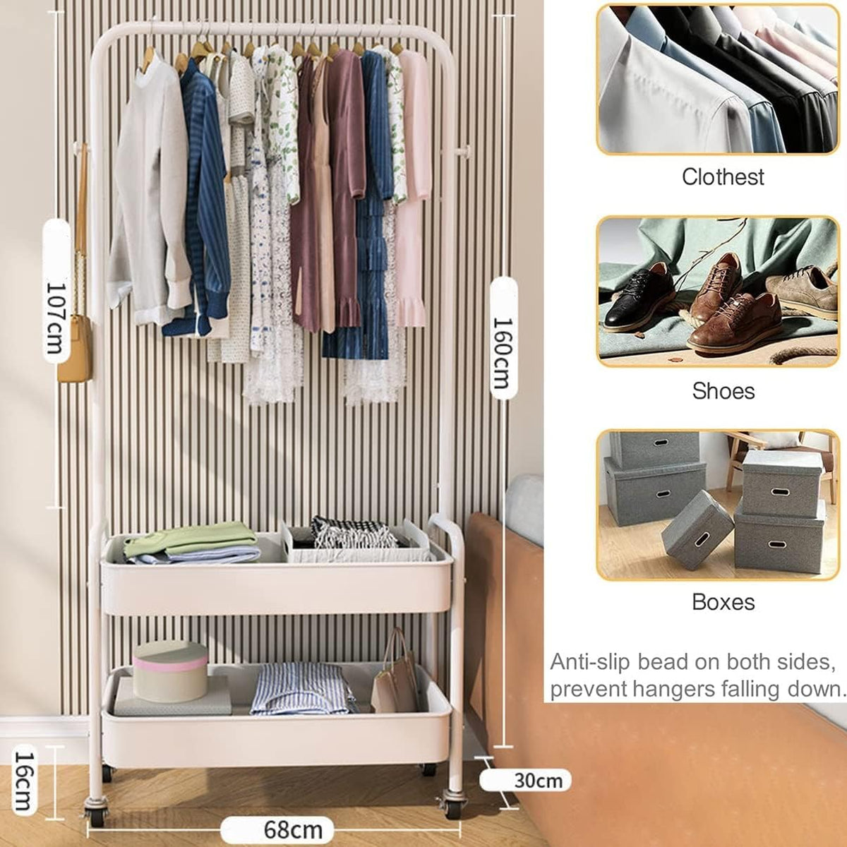 Suport pentru haine cu roti si cosuri metalice, 2 etaje, 160 x 68 x 30 cm, alb