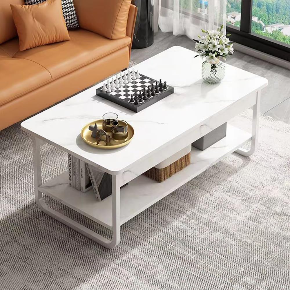 Masa de cafea rectangulara din MDF pentru living, cu o polita si cadru metalic