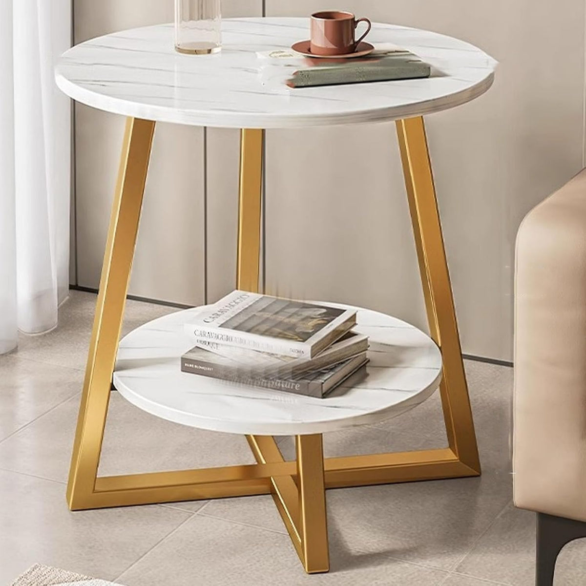 Masuta rotunda 2 niveluri cu blat tip marmura si picioare metalice incrucisate, design modern 50 X 57 CM