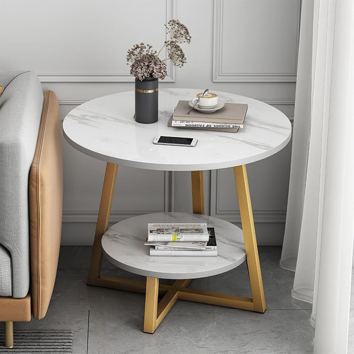 Masuta rotunda 2 niveluri cu blat tip marmura si picioare metalice incrucisate, design modern 50 X 57 CM