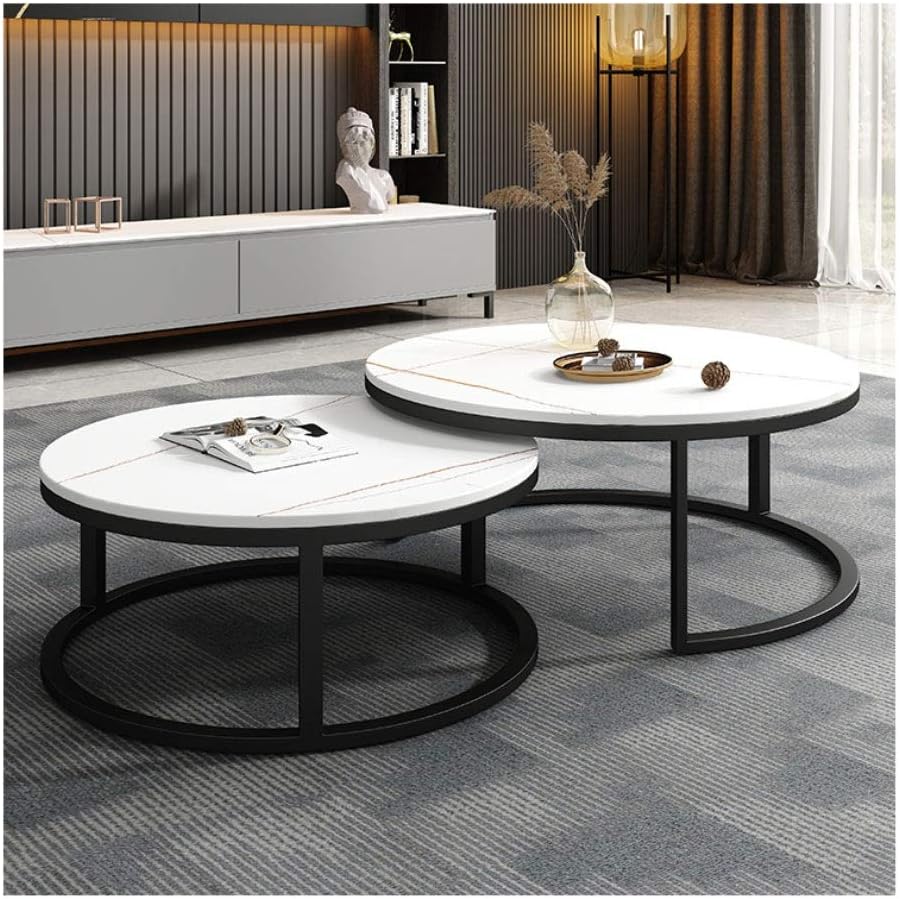 RESIGILAT - Set 2 masute rotunde de cafea cu efect de marmura, diametru 80/60 cm, blat MDF, cadru metalic