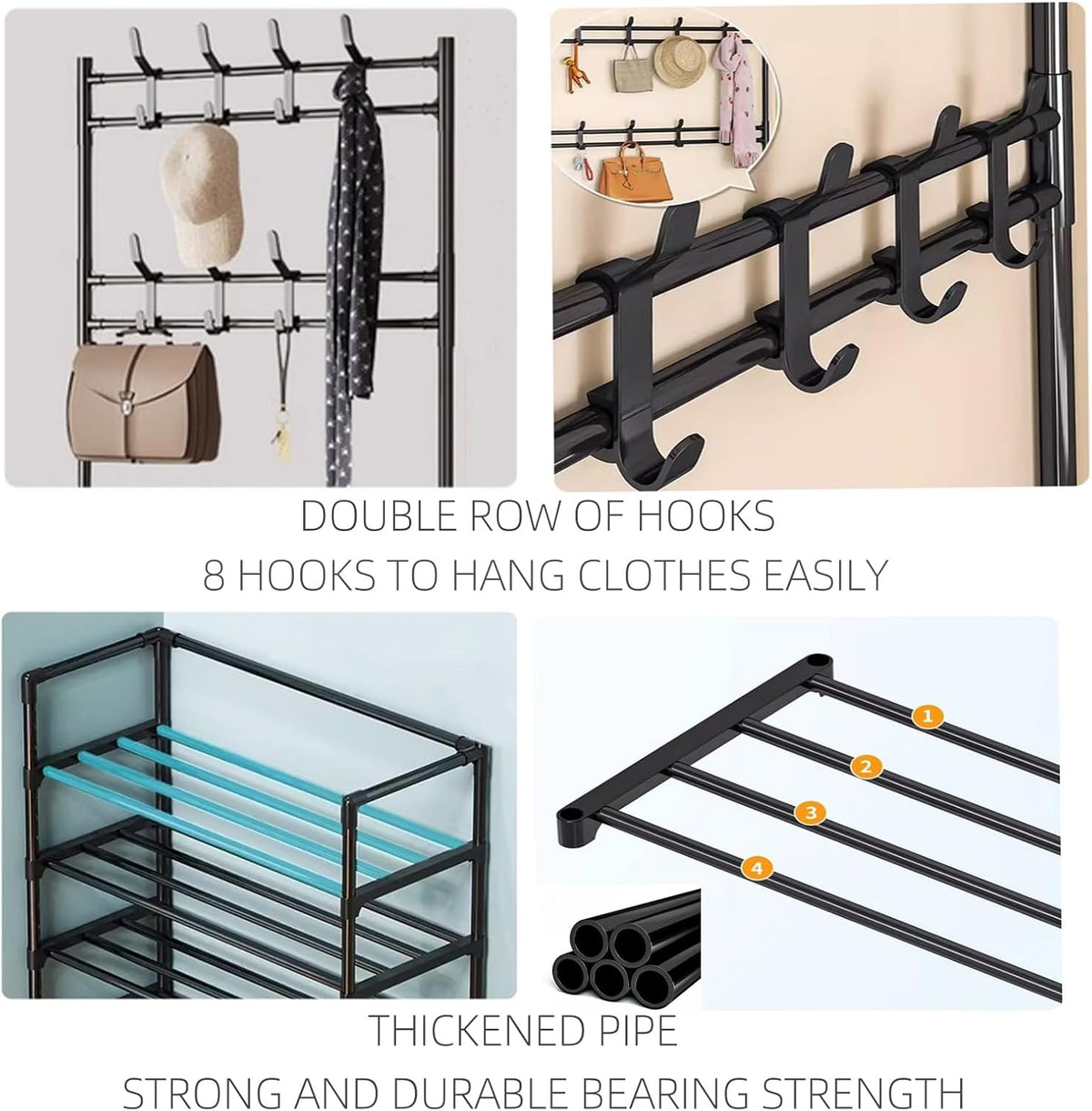 Cuier cu raft pantofi pe 4 niveluri si 8 carlige duble, suport haine si incaltaminte  pentru hol