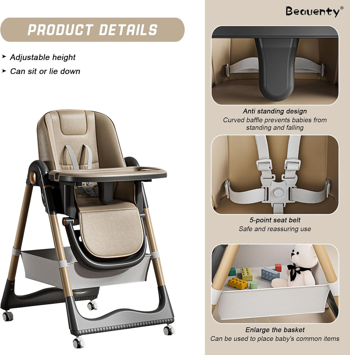 Scaun de Masa 3 in 1 pentru Bebelusi si Copii, varsta 6-36 luni, Inaltime ajustabila, centura de siguranta in 5 puncte, tavita reglabila si detasabila, roti, maro