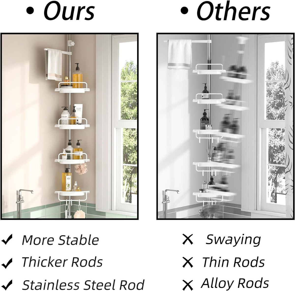 Etajera colt pentru baie si dus, 4 sau 5 rafturi, inaltime reglabila 320 cm, montare pe colt
