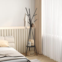Cuier haine cu suport din lemn pentru accesorii, 9 carlige, otel carbon, 180 x 45 cm, negru - imagine 3