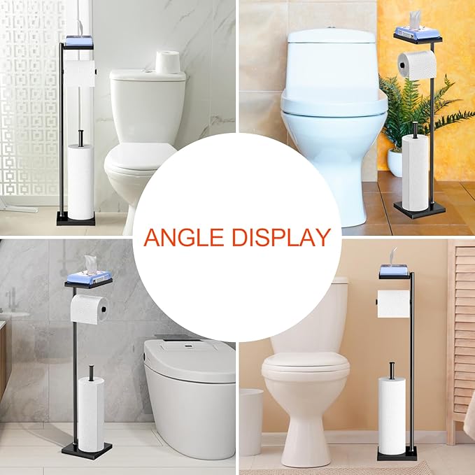 Suport metalic pentru hartia igienica cu polita pentru accesorii, 2 spatii de stocare hartie igienica, 72 cm, negru