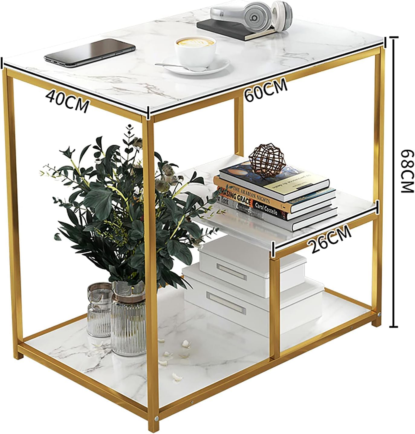 Masuta moderna cu blat tip marmura si cadru metalic  auriu – 3 nivele de depozitare 60 x 40 x 68 cm